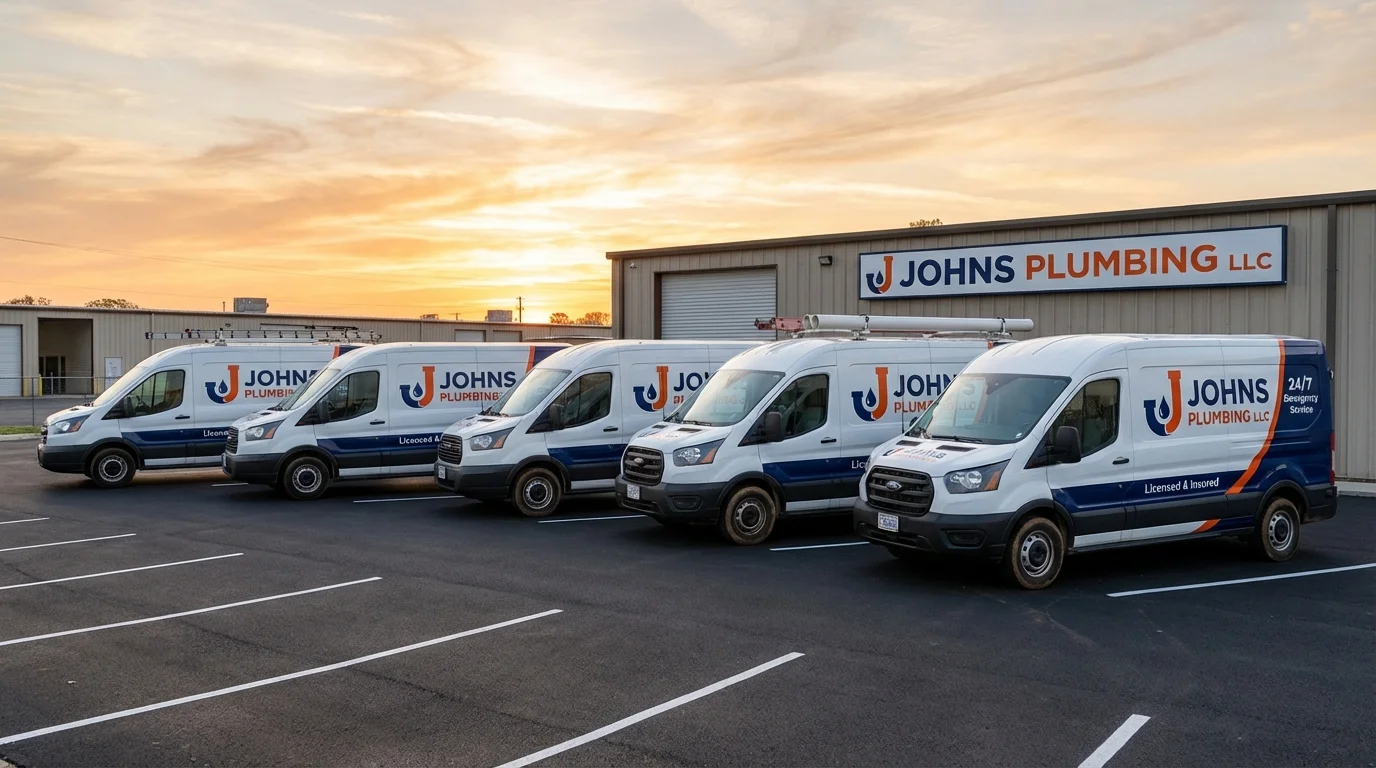 Johns Plumbing LLC fleet of service vans ready for dispatch across Arkansas
